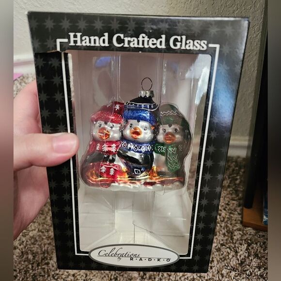 Christopher Radko Celebrations Three Winter Penguins Sled Blown Glass Ornament - Picture 2 of 8